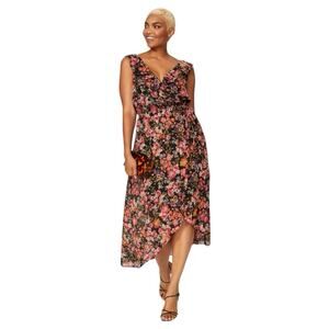 Rachel Roy Black Floral Wrap Midi Dress Women’s 16W Sleeveless Elegant
